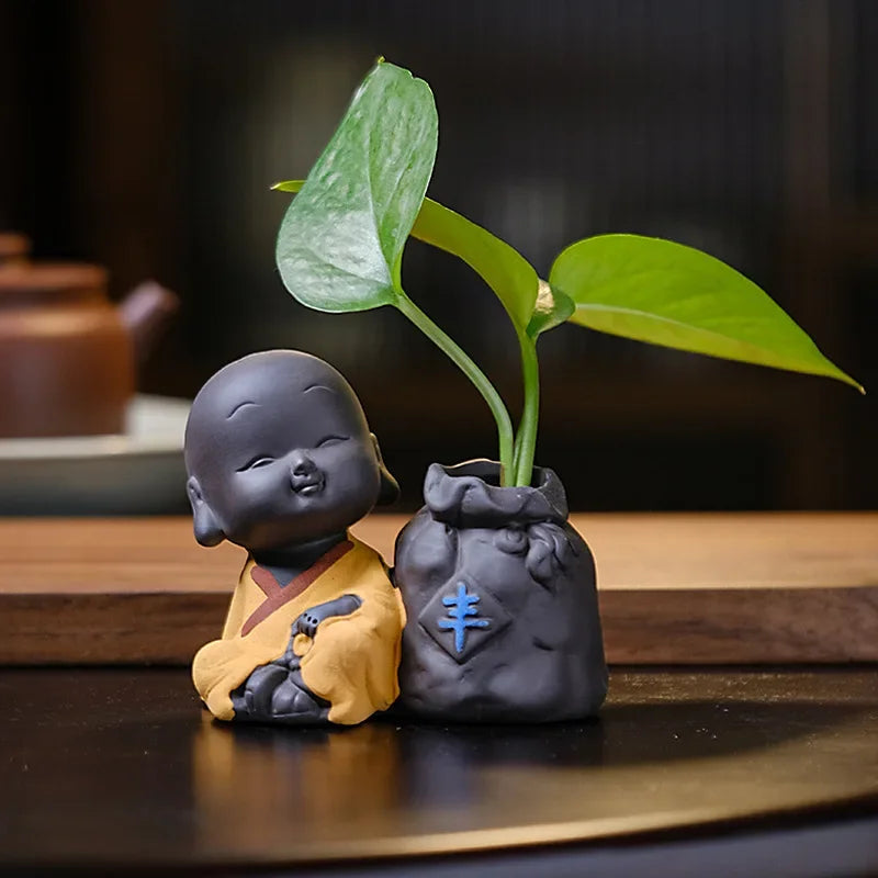 Fortune Lucky Cute The Little Monk Purple Clay Tea Pet Home Decor Mini Water Planting Flower Vase