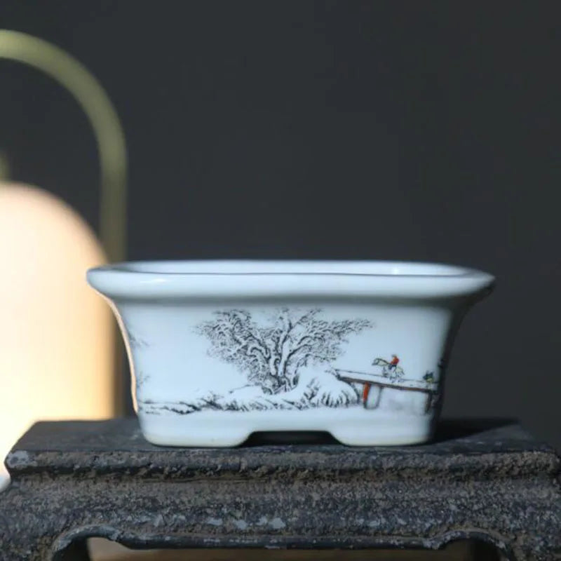 Porcelain Rectangle Landscape Pattern Bonsai Vase Desktop Ornaments Flowerpot Breathable Green Plant Pot Container Garden Decor