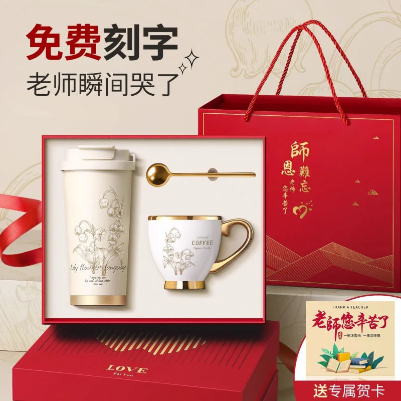 Gold Rim Ceramic Coffee Mug Large Luxury Ceramic Cup Set For GiftStainless Steel Vacuum Flask Customizable
