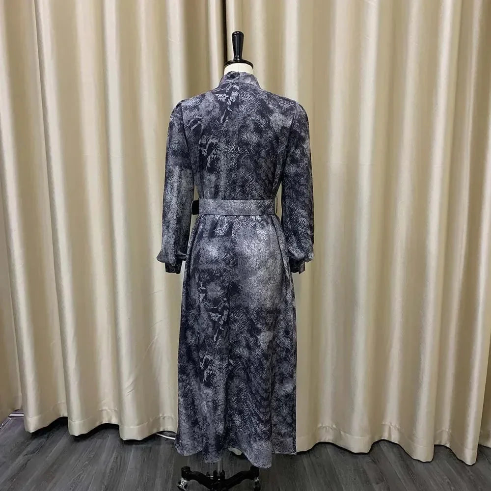 Elegant Vintage Dresses for Women Bow Collar Full Sleeve Belt Waisted A Line Mid Calf Birthday Party Dinner Vestidos Mujer Dress
