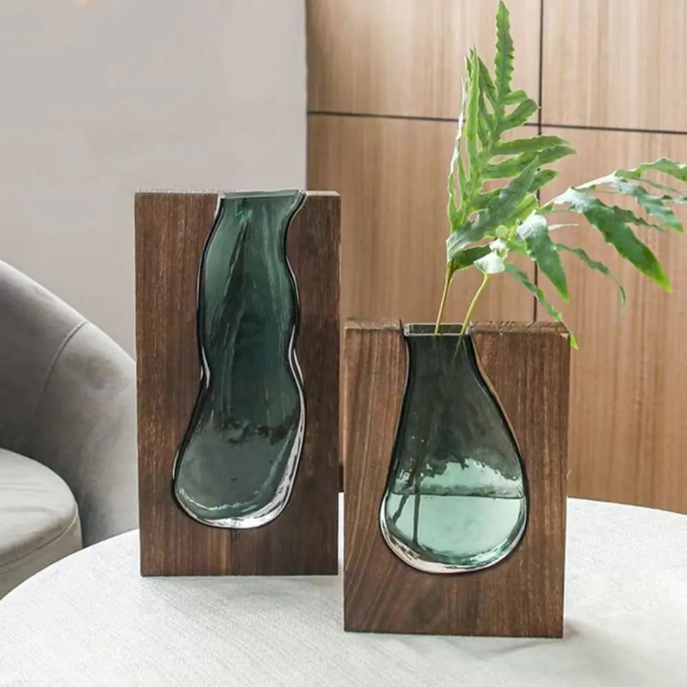 Desktop Ornament Wooden Glass Vase Transparent Modern Hydroponic Flower Holder Removable Creative Flower Pot Home
