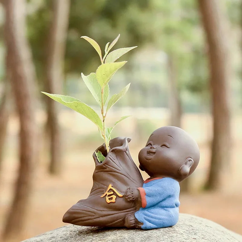 Fortune Lucky Cute The Little Monk Purple Clay Tea Pet Home Decor Mini Water Planting Flower Vase
