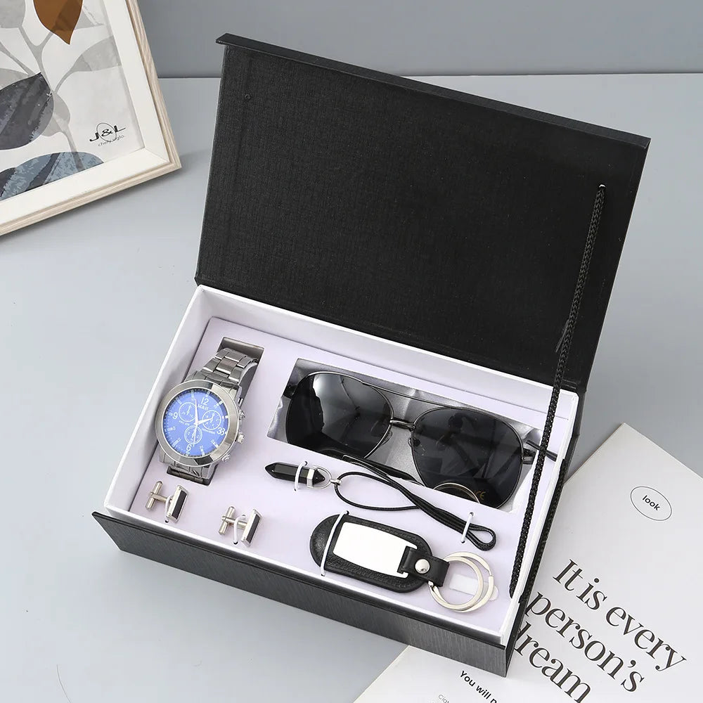 New Watch Men's Gift Set with Box Belt Wallet Set Keychain Sunglasses Cufflinks Ballpoint Pen Father's Day Gift Business Box Set