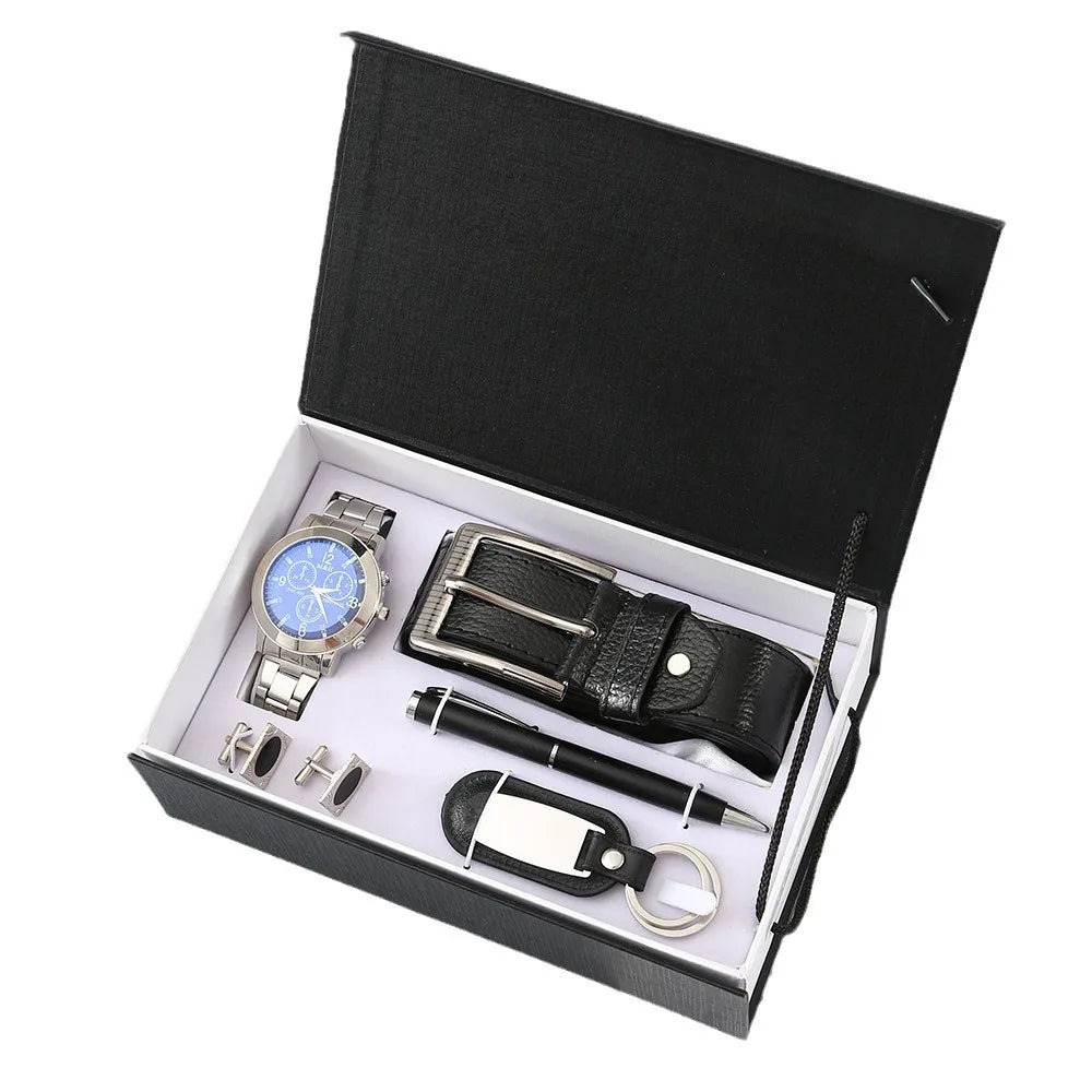 New Watch Men's Gift Set with Box Belt Wallet Set Keychain Sunglasses Cufflinks Ballpoint Pen Father's Day Gift Business Box Set