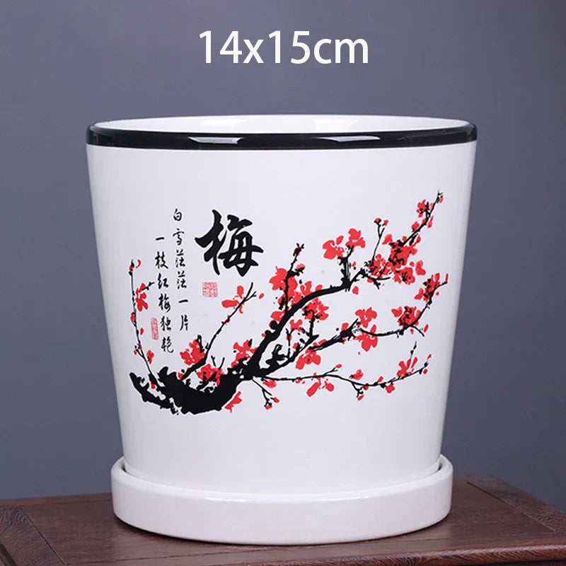 China Jingdezhen Ceramic Flower Pot Vintage Ink Painting Desktop Decorative Vase Indoor Greenery Landscape Breathable Flower Pot