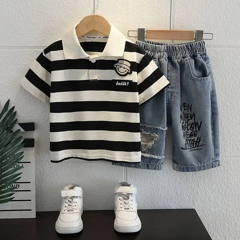 Boys  Summer Outfit T-Shirt and Jeans Korean Polo Fashion  Casual Clothing Korean Reviews Top Toddler Kids Clothes Sets