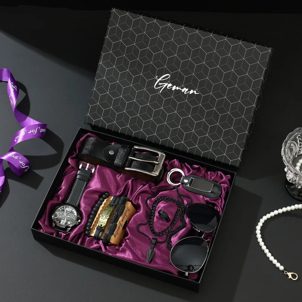 New Luxury Men's Accessory Set Watch Belt Wallet Pen Keychain Bracelet Cufflinks Sunglasses Gift Box for Dad Husband Boyfriend
