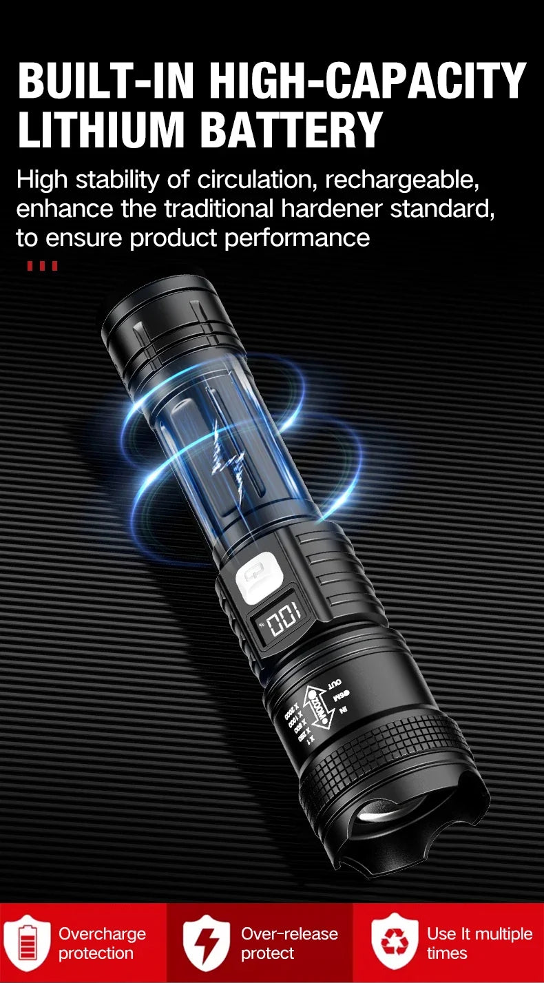 LED Flashlight Rechargeable Long-Beam Portable Outdoor Emergency Lighting With Long Battery Life, Suitable For Camping And Hiki