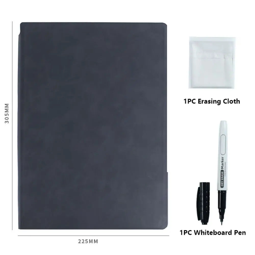 Reusable A4 Whiteboard Notebook With Whiteboard Pen Leather Erasable Whiteboard Draft Stationery With Erasing Cloth Memo Pad