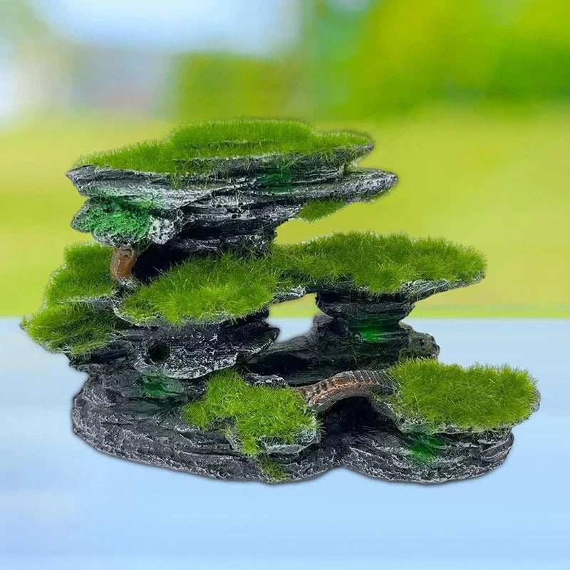 Aquarium Mountain View Stone,Aquarium View Stone, Mossed Aquarium Hideout, Submersible Resin Aquarium Decorations Large