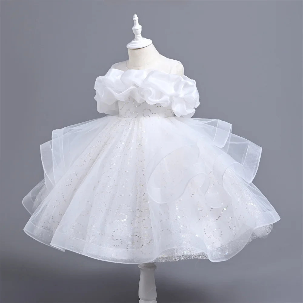 New Girl's Wedding Evening Dress Petal Sequin Mesh Sleeveless Dress Birthday Party School Graduation Party Dress