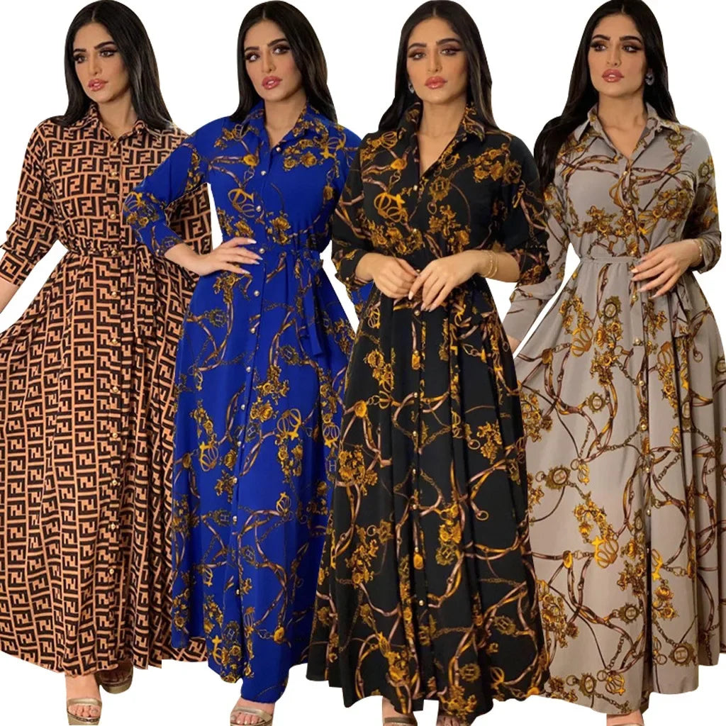 Women's Fashion  New Sexy Elegant Dress Temperament Digital Printing Long Shirt Dress Ladies Elegant Commuter Casual Dress
