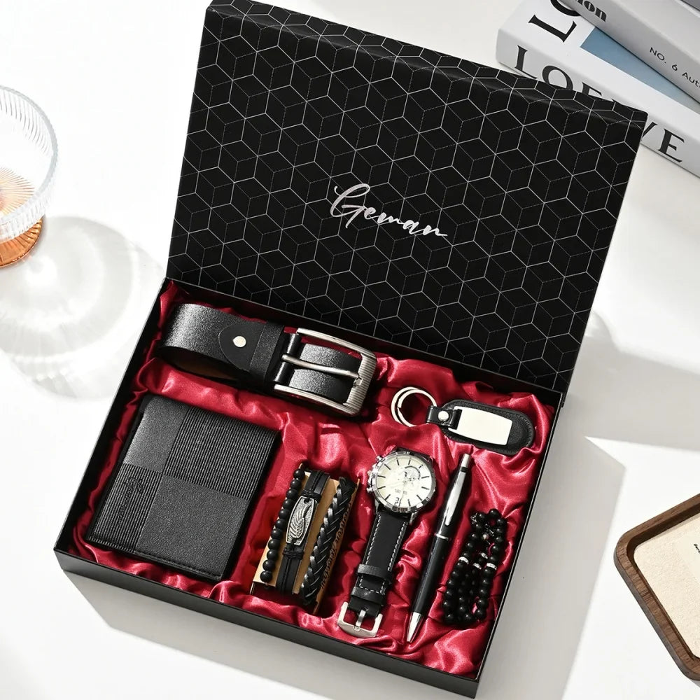 New Luxury Men's Accessory Set Watch Belt Wallet Pen Keychain Bracelet Cufflinks Sunglasses Gift Box for Dad Husband Boyfriend