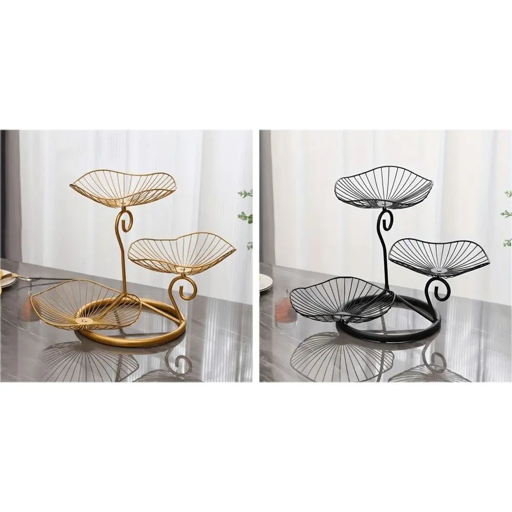 Lotus Leaf Shape 3-Tier Fruit Basket Vintage Space-Saving Multi-Layer Serving Tray with Base Metal Wire Fruit Basket