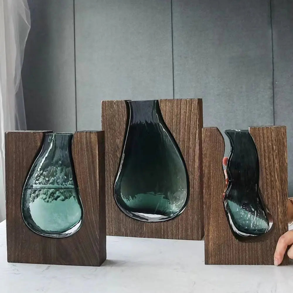 Desktop Ornament Wooden Glass Vase Transparent Modern Hydroponic Flower Holder Removable Creative Flower Pot Home