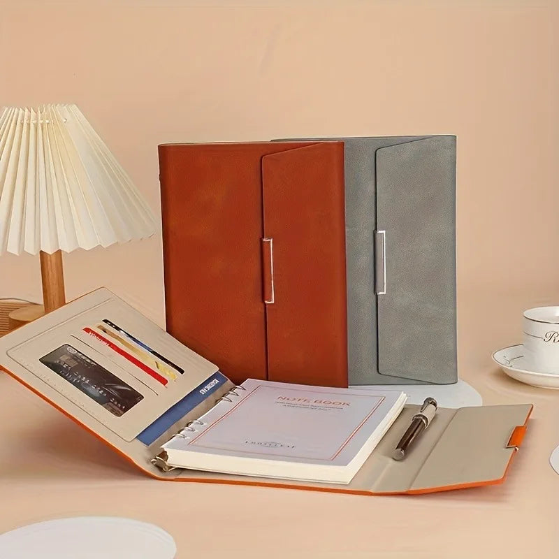 1 high-quality PU cover three fold binder, containing 100 sheets of A5 size paper and high-quality six hole metal rings