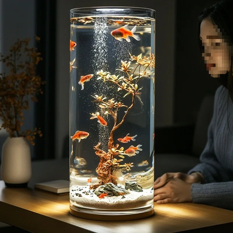 Acrylic Fish Tank Transparent Imitation Glass Goldfish Tank Round Cylindrical Living Room Tabletop Small Anti-Fall Plastic