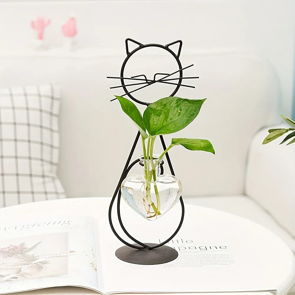 Simple Cat Iron Flower Machine Heart-Shaped Hydroponics Vase Creative Home Living Room Dining Table Decoration