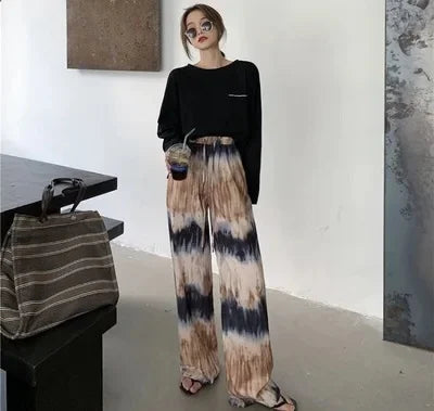 Thai Print Heart Wide Leg Pants Women Summer Thin Loose plus Size High Waist Slimming Long Trousers Casual Fashion plus Size