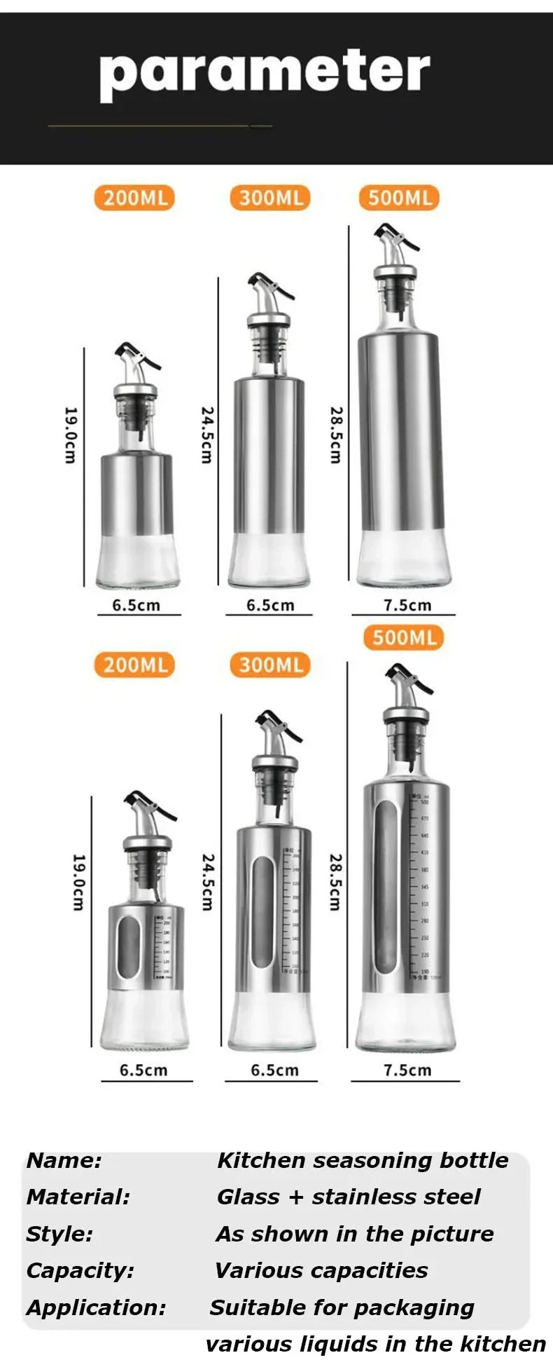 Stainless Steel Oil Bottle No-drip Bottles Soy Cruet Sauce Vinegar Condiment Dispenser Sturdy Seasoning Jars Kitchen Accessories