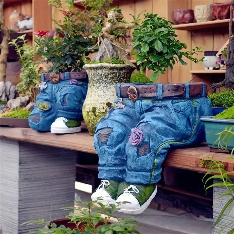 Jeans Pants Shape Flower Pot Resin Statue, Succulent Pot Flower Planter For Indoor Garden Yard Lawn Porch Patio Outdoor
