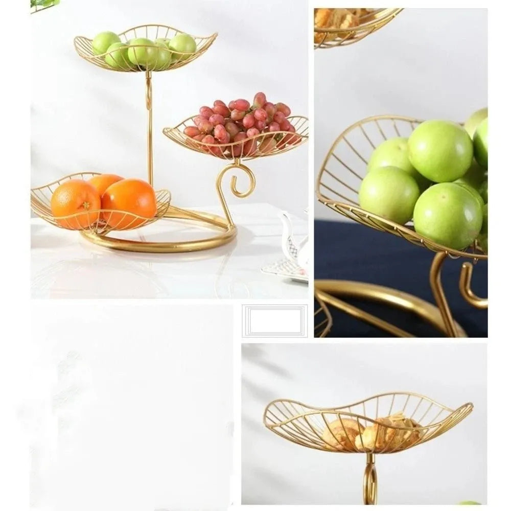 Lotus Leaf Shape 3-Tier Fruit Basket Vintage Space-Saving Multi-Layer Serving Tray with Base Metal Wire Fruit Basket
