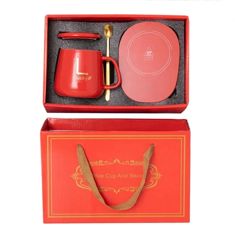 Heated Coffee & Tea Mug Set, Ceramic Thermostatic Cup with Lid & Spoon, Fashionable Lucky Cup, Valentine’s Day Gift