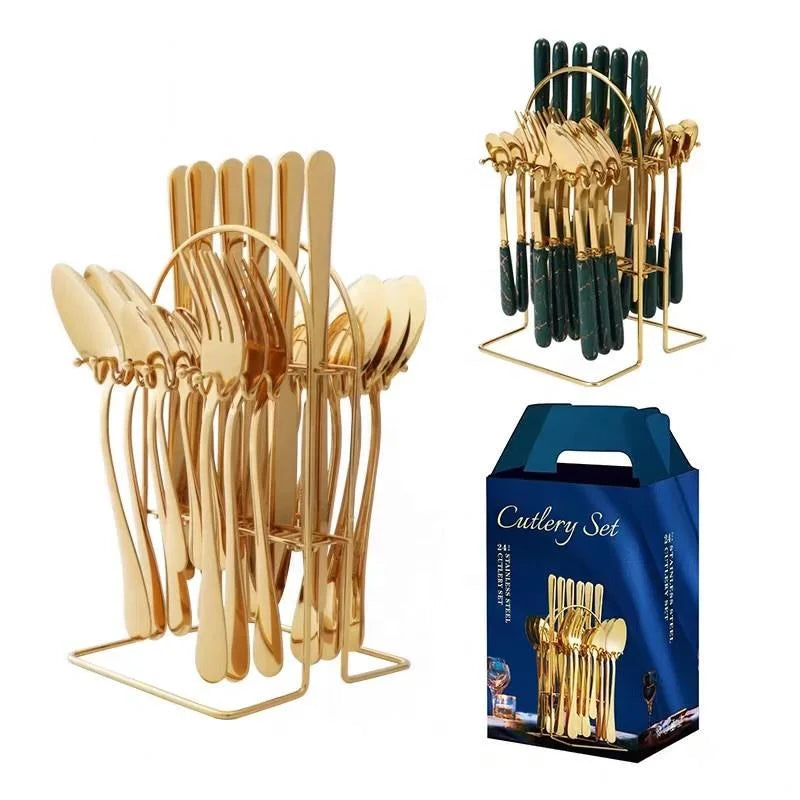 24pcs Knife Fork Spoon Dinnerware Set Rose Gold Tableware Stainless Steel Flatware Kitchen Cutlery Set with Luxury Storage Rack