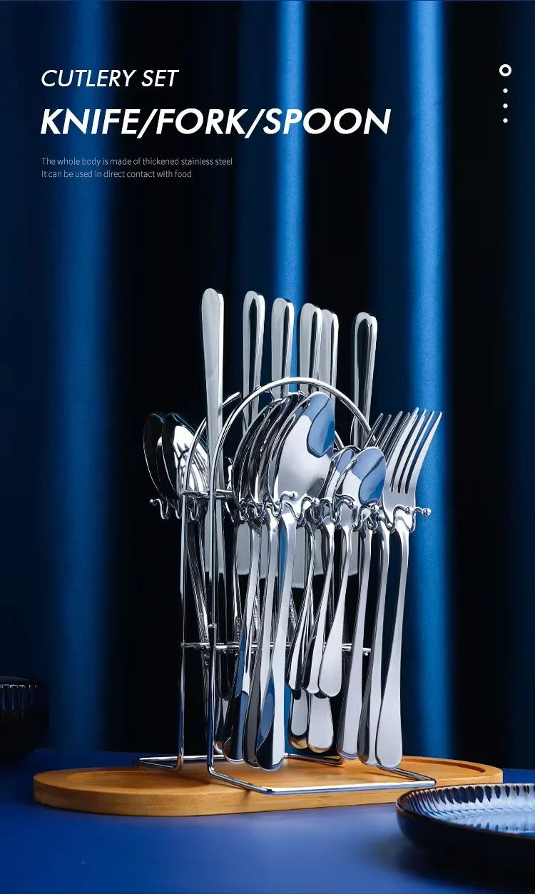 24pcs Knife Fork Spoon Dinnerware Set Rose Gold Tableware Stainless Steel Flatware Kitchen Cutlery Set with Luxury Storage Rack