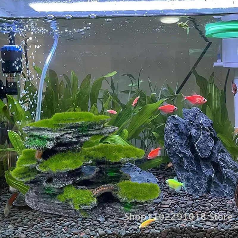 Aquarium Mountain View Stone,Aquarium View Stone, Mossed Aquarium Hideout, Submersible Resin Aquarium Decorations Large