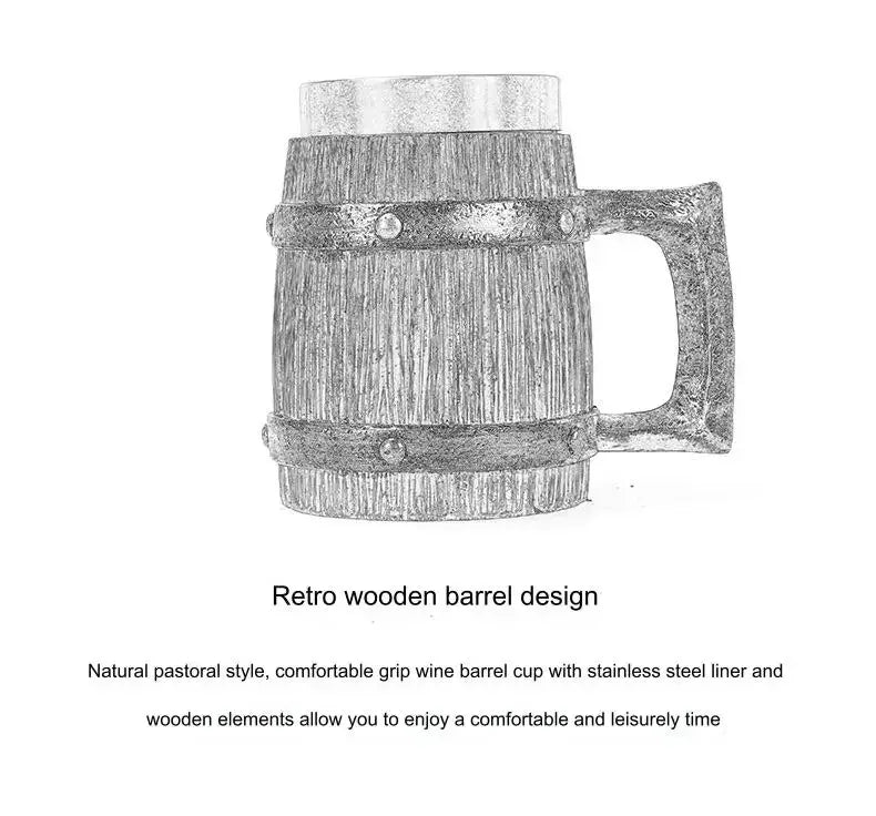 Hot-selling Wooden Barrel Beer mug , Large-capacity  Coffee mug Water bottle ,Tazas de café with stainless steel