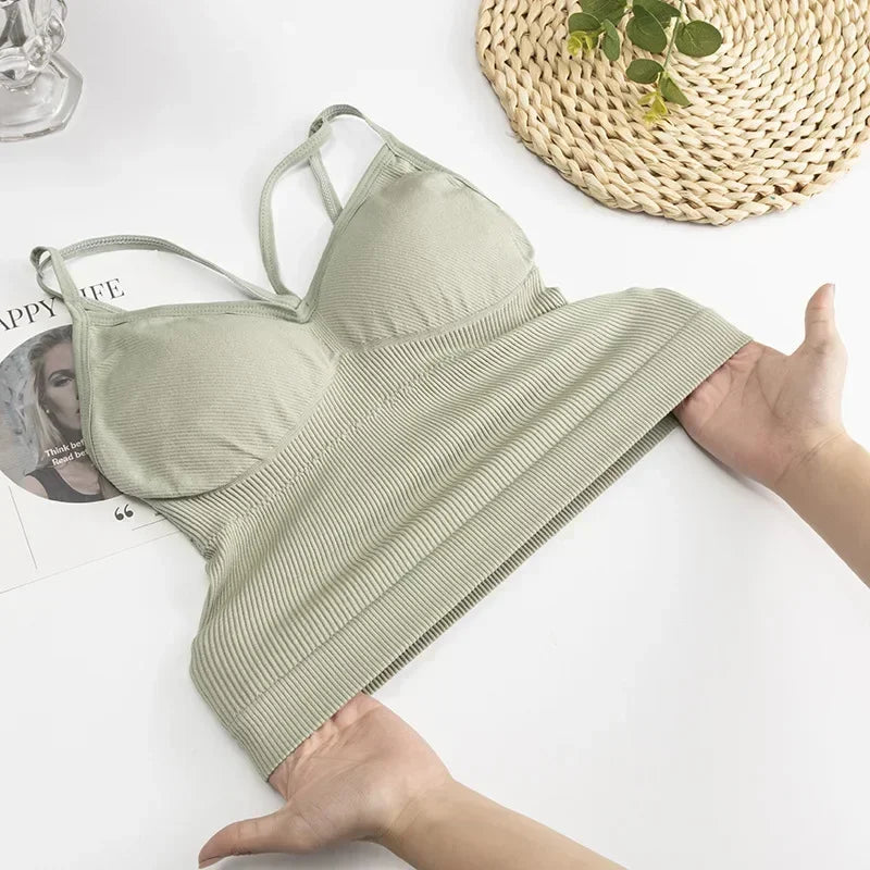 Women's Underwear Seamless Body-fitting Vest Wrapped Detachable Chest Pad Cut Top Elastic Sexy Cross Open Back V-neck Vest Bra