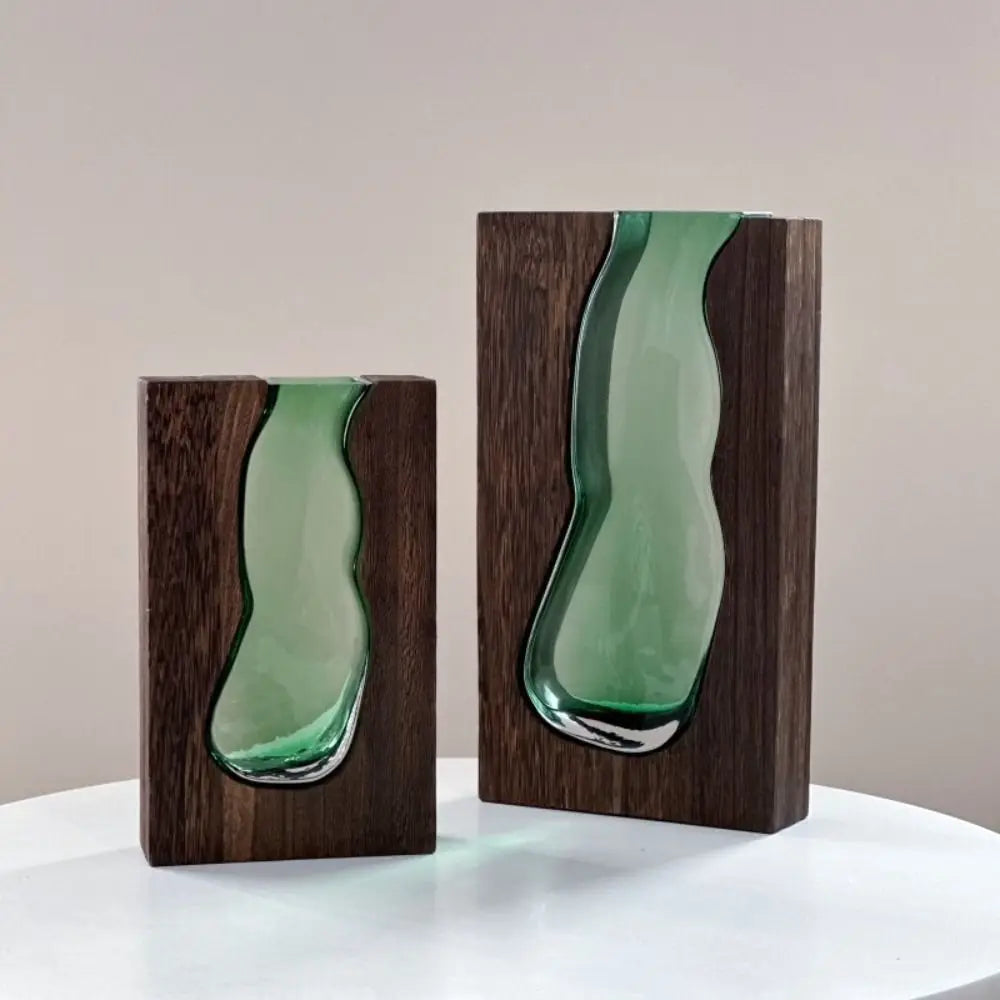 Desktop Ornament Wooden Glass Vase Transparent Modern Hydroponic Flower Holder Removable Creative Flower Pot Home