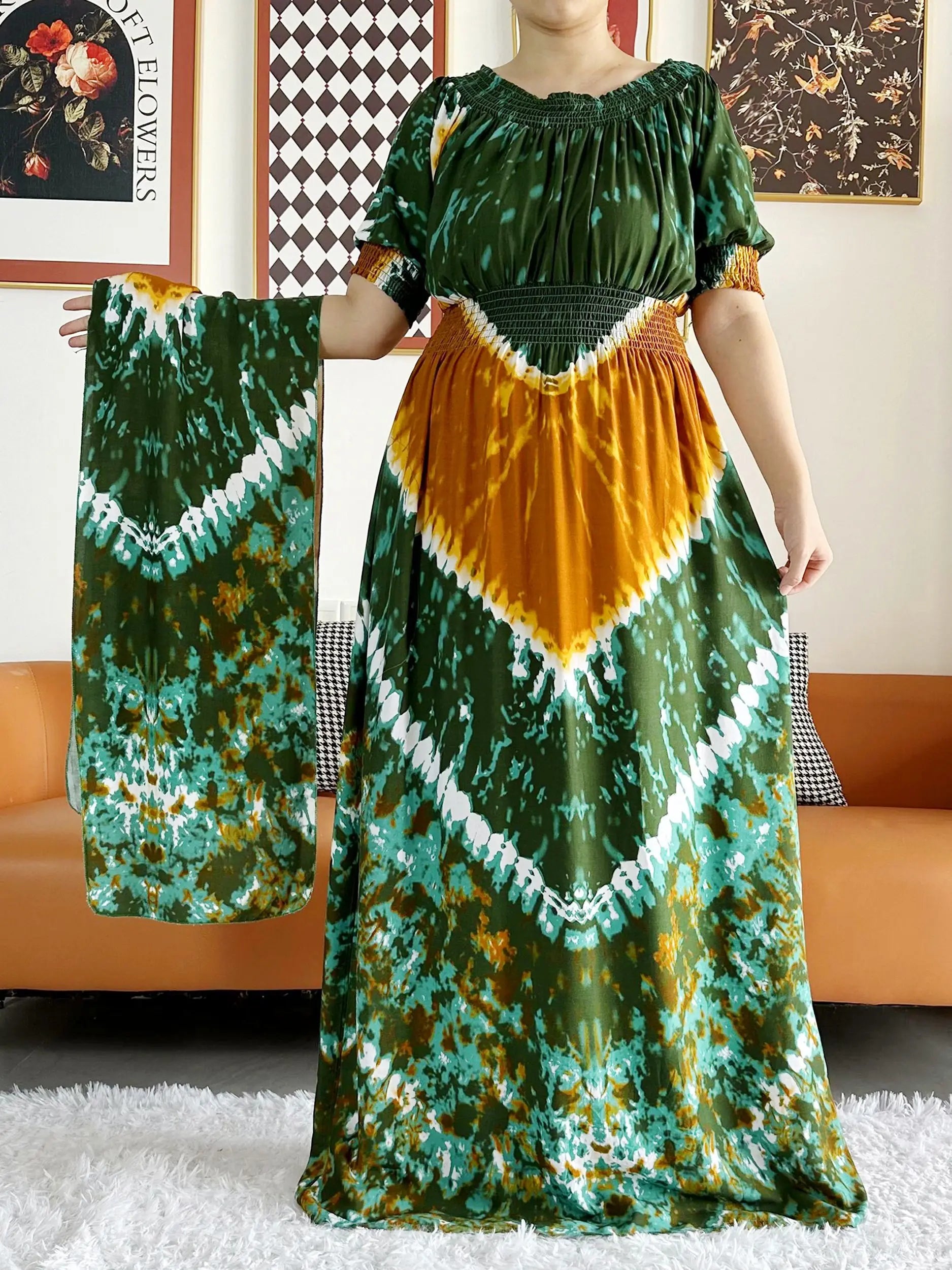 Women Party Dress Muslim Summer Short Sleeve Long Dress Collect Waist Floral Boubou Maxi Islam Women Dress African Abaya Clothes