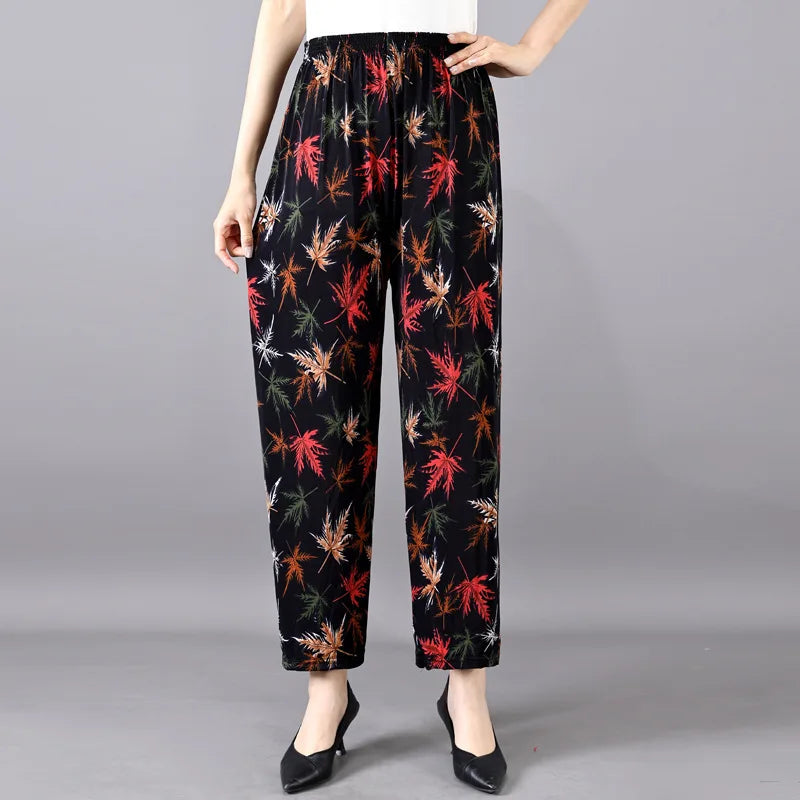 Summer Ladies Ice Silk Loose Casual Home Pants Elastic plus Size Mom Square Sports High Waist Straight Leg Length Nine Points
