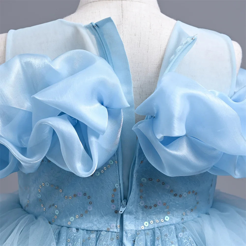 New Girl's Wedding Evening Dress Petal Sequin Mesh Sleeveless Dress Birthday Party School Graduation Party Dress