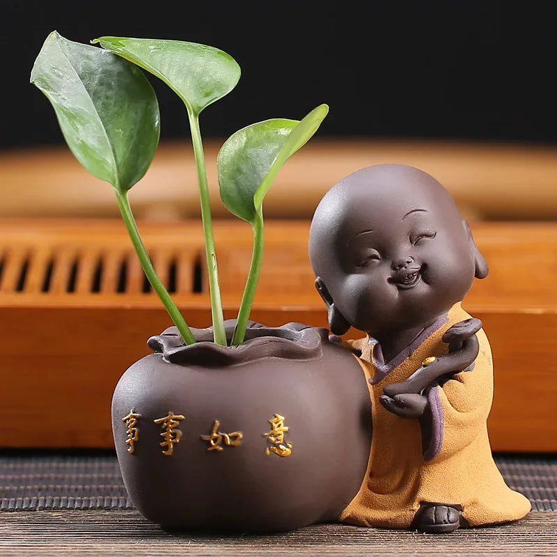 Fortune Lucky Cute The Little Monk Purple Clay Tea Pet Home Decor Mini Water Planting Flower Vase