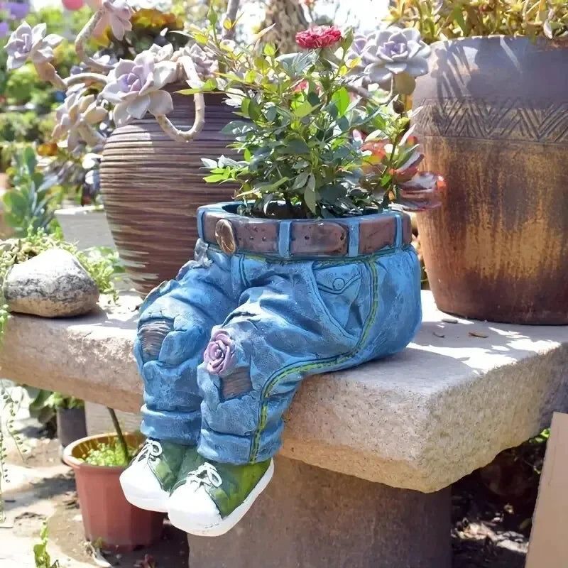 Jeans Pants Shape Flower Pot Resin Statue, Succulent Pot Flower Planter For Indoor Garden Yard Lawn Porch Patio Outdoor