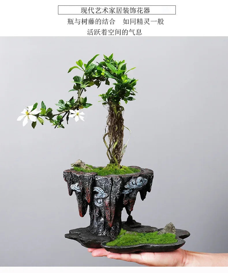 Chinese-style personalized retro creative asparagus resin flowerpot indoor fleshy June snow potted flower decoration ornaments