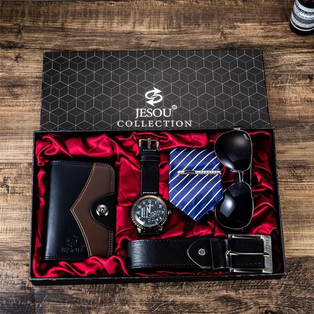 Men’s Watches Gift Box Set Quartz Watch Sunglasses Tie Wallet and Belt Set for Men Birthday Gifts for Boyfriend Dad Husband
