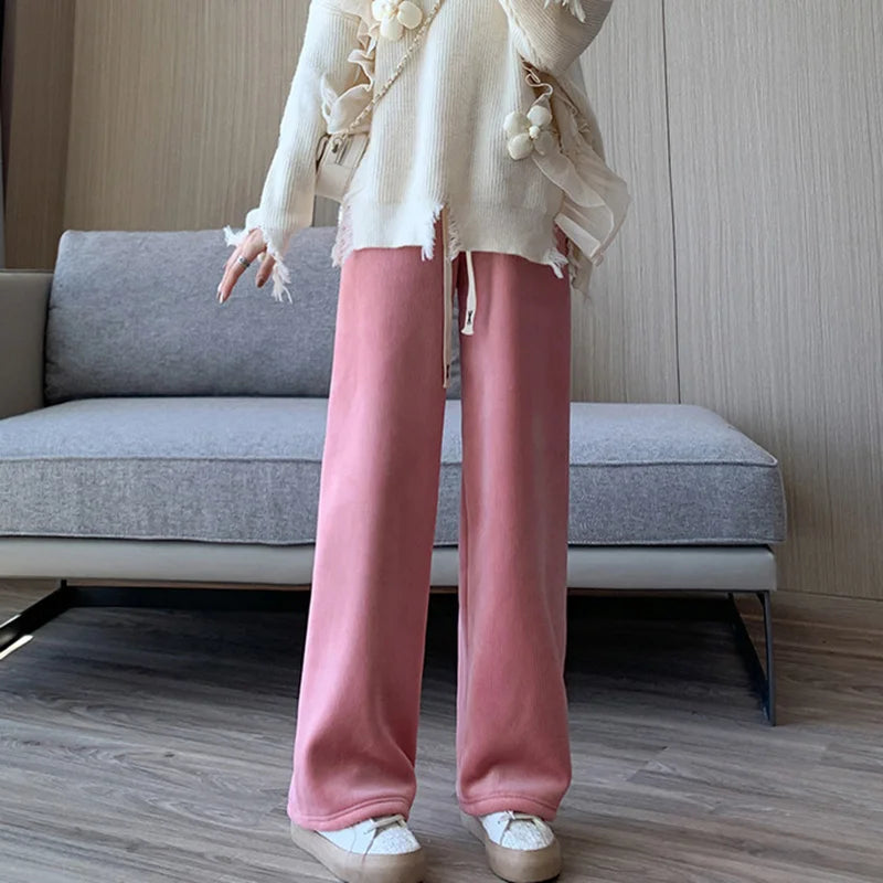 Women Wide Leg Corduroy Pants Autumn Winter Women Basic Elastic Waist Stright Long Pants Casual Female Long Pants Trousers