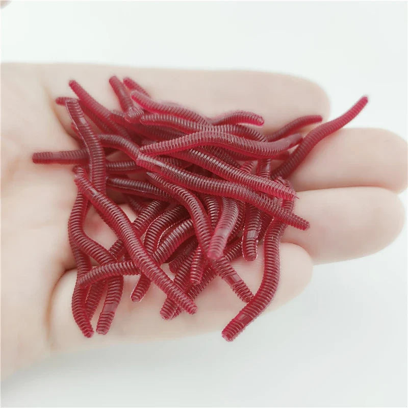 100pcs Red Worm Lure 3.5cm Lifelike Silica Gel Fishy Artificial Red Worm Earthworm Bait Submerge Simulation Lure Pesca