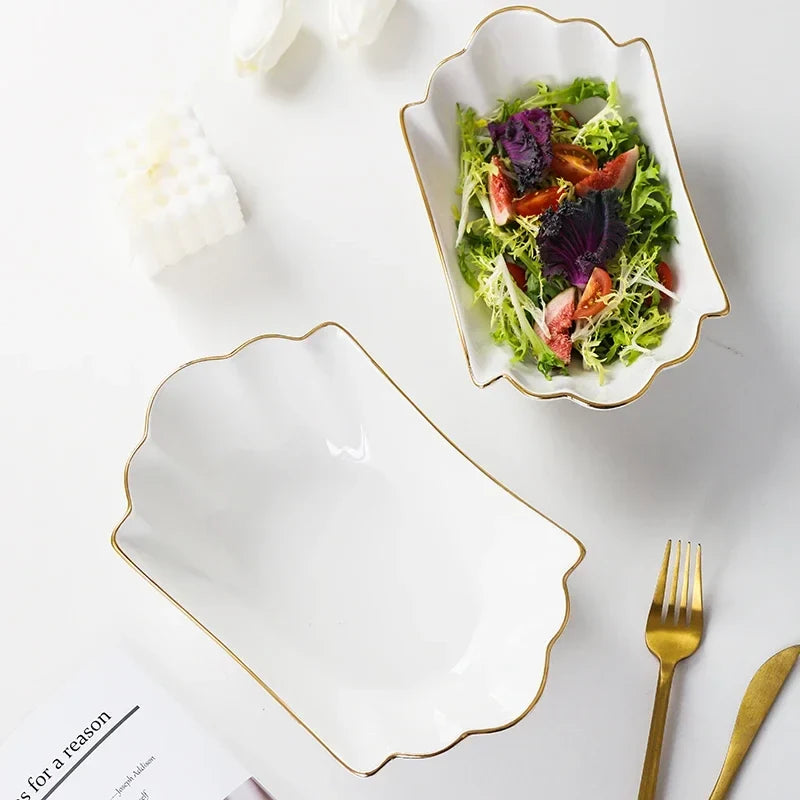 European tracing gold Ceramic Household Soup Bowl shaped Pasta Bowls Fruit Salad Bowl Cold Dish Bowls Hotel restaurant cutlery