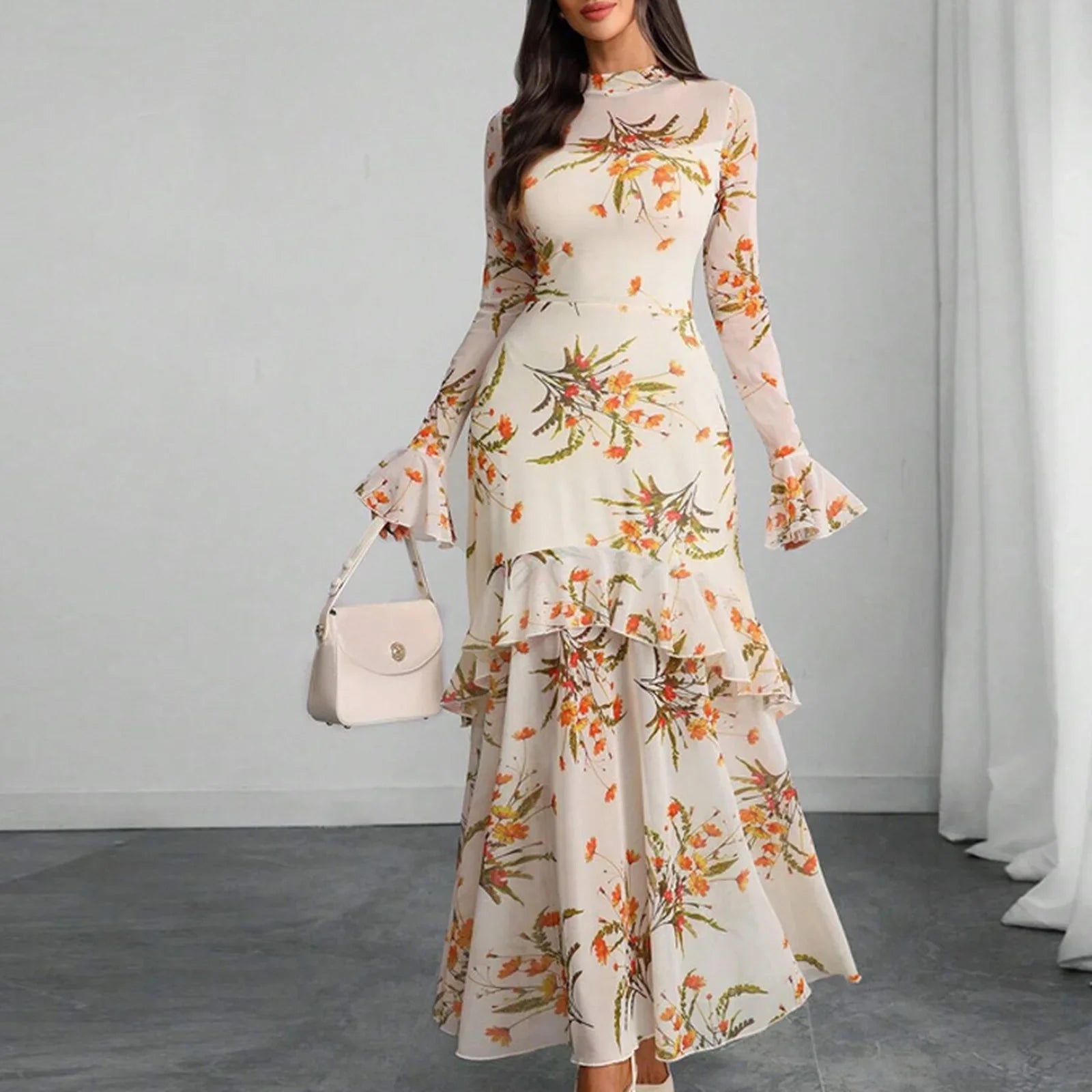 Women's Evening Gown Clothing Vintage Floral Print Maxi Dresses Spring Autumn Long Sheer Sleeve Ruffled Hem Elegant Party Dress