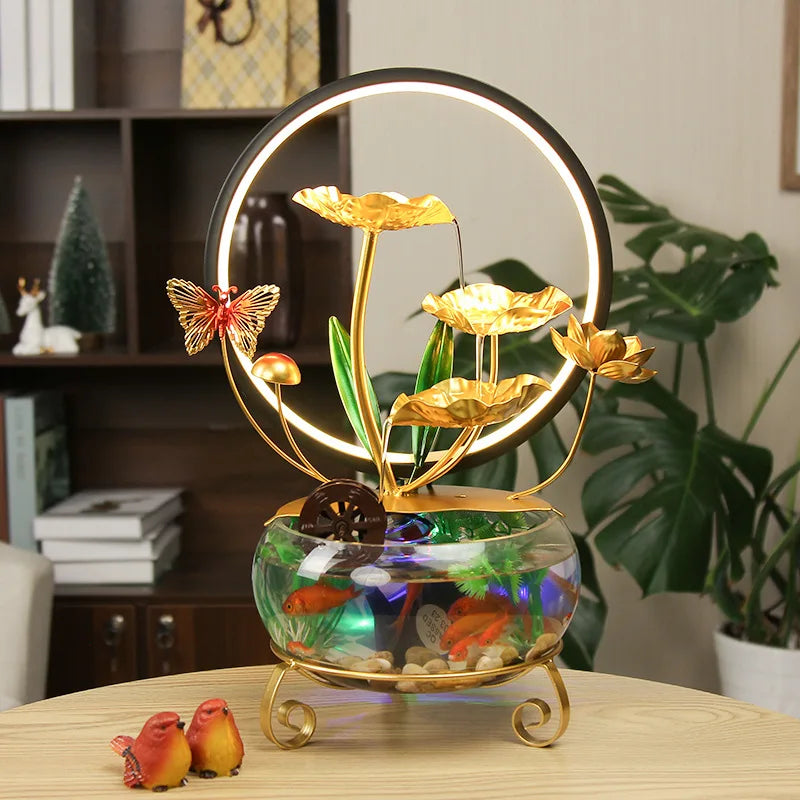 New Tabletop Waterfall Fountain Colored Light Waterwheel Led Ring Light Glass Fish Tank Office Living Room Fountain Decoration
