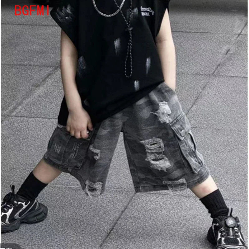 Summer Boys Loose Sleeveless Printed T-Shirt Tops + Hole Shorts  Set Child Outfit Handsome Kids Clothes Boys 2-10Y Vest Suit