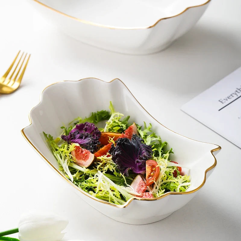 European tracing gold Ceramic Household Soup Bowl shaped Pasta Bowls Fruit Salad Bowl Cold Dish Bowls Hotel restaurant cutlery