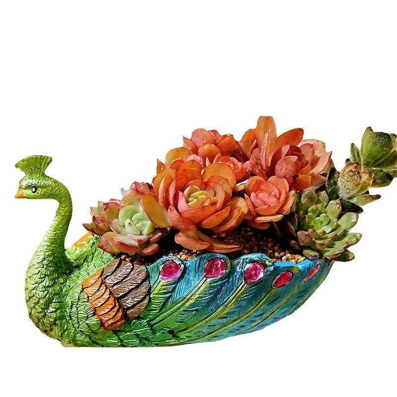 Peacock Succulent Plant Pot - Vibrant Colorful Design Durable Resin Garden Planter for Succulents, Cacti & Hom