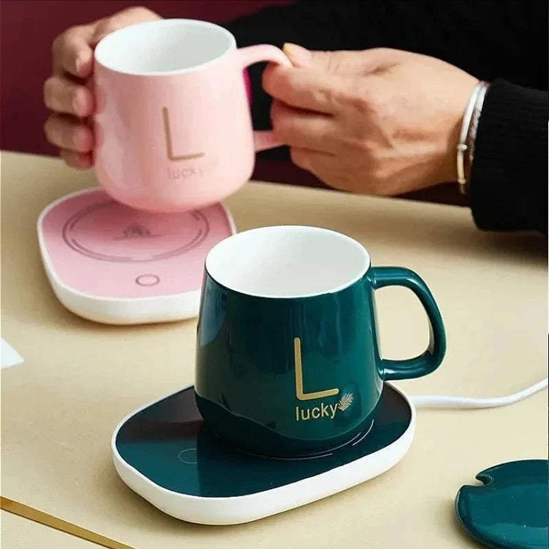 Heated Coffee & Tea Mug Set, Ceramic Thermostatic Cup with Lid & Spoon, Fashionable Lucky Cup, Valentine’s Day Gift