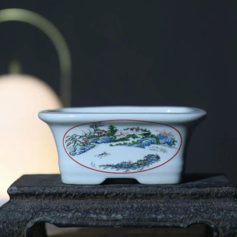 Porcelain Rectangle Landscape Pattern Bonsai Vase Desktop Ornaments Flowerpot Breathable Green Plant Pot Container Garden Decor